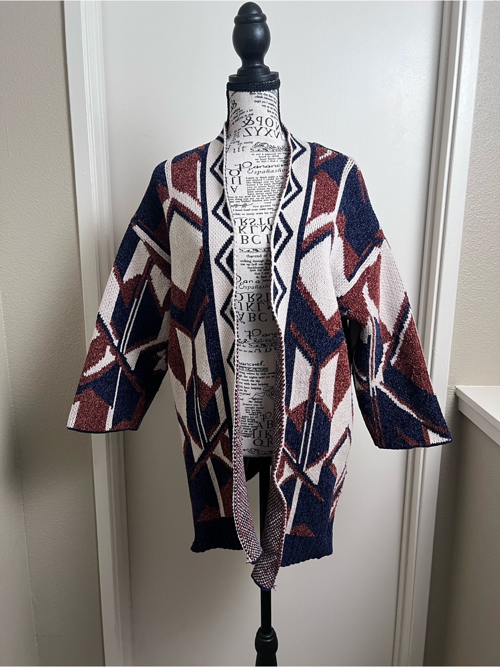 Marled Southwestern Geometric Open Front Cardigan Sweater L